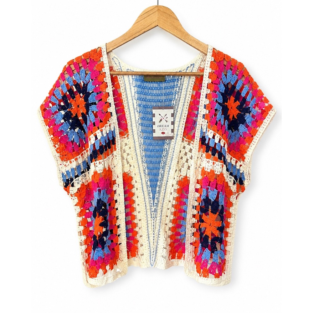 Dream Kiss Crochet Granny Square Vest Open Front Cardigan Boho MultiColor NWT 3X